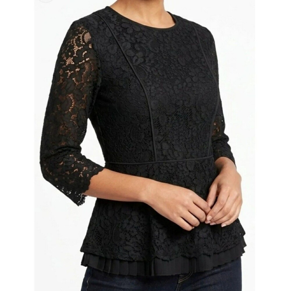 Ann Taylor Black Floral Lace Peplum Blouse all-over floral lace overlay sheer Sm